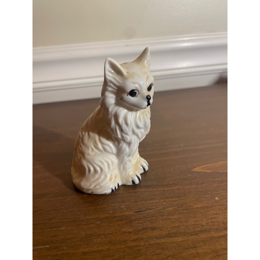 Vintage Lego Taiwan Ceramic Cat Figurine Long Hair White Tan Collectible 3.5"